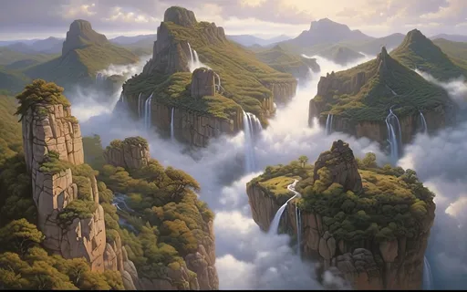 Prompt: in the style of Dalhart Windberg, Jean Baptiste, and Steve Hanks create a highly detailed and photorealistic painting of an otherworldly painting in of photorealistic realism of groups of floating mountains and verdant islands and some flat floating lands connected to each other by vines and tree roots, seemingly torn from a distant mountain range, create a surreal dreamscape that captivates the senses. These colossal formations, each with its own unique contours and character, cluster together in a harmonious dance of shapes and sizes, forming a mesmerizing tapestry against the backdrop of an endless sky. Upon these suspended landmasses, life flourishes in abundance. Trees of unimaginable size and diversity adorn the islands, their roots and vines intertwining in a delicate ballet that weaves through the air, connecting the floating wonders in a labyrinth of greenery. From the lofty peaks to the hidden recesses within the rocks, a myriad of flora and fauna thrives, painting the landscape with a kaleidoscope of colors and textures. As if drawn by an unseen hand, cascading waterfalls emerge from hidden springs nestled within the heart of the mountains, their crystalline streams carving sinuous paths down rugged slopes before dissolving into a fine mist that shrouds the landscape in an otherworldly veil. The air is alive with the soothing melody of rushing water and the gentle rustle of leaves, a symphony that echoes through the expanse, imbuing it with a sense of serene tranquility. Enveloping the floating marvels is a perpetual mist, its ethereal embrace adding an aura of mystery to the scene, obscuring distant vistas in a tantalizing haze. Below the suspended wonders lies a lush expanse of rolling hills and verdant valleys, their contours softened by a carpet of emerald foliage that stretches as far as the eye can see. Rocky bluffs rise majestically from the earth, their weathered faces bearing testament to the passage of time., cinematic, photo, poster