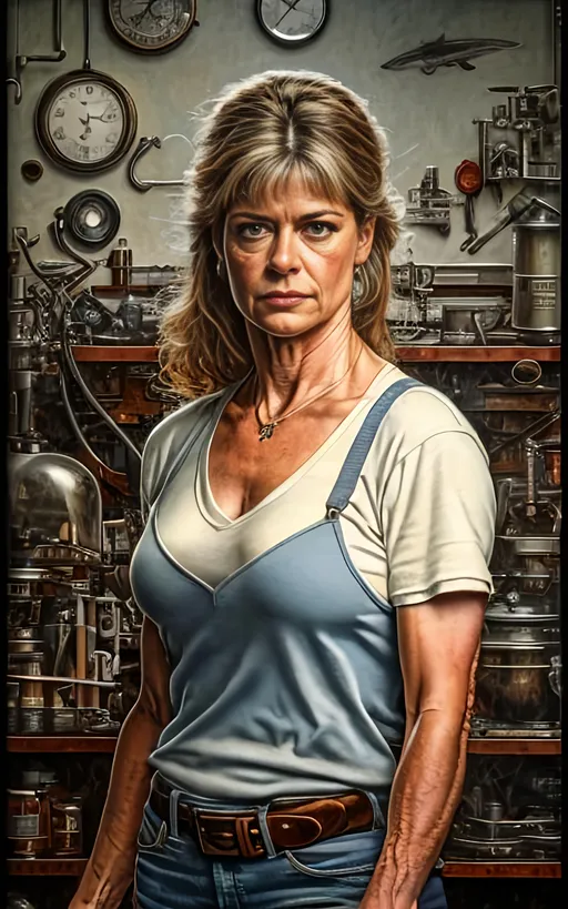 Prompt: create a highly detailed colored pencil drawing  standing portrait on grey paper, in the style of Norman Rockwell, Tsutomu Nihei and Steve Hanks. Every detail is meticulously captured, in HDR (High Dynamic Range), UHD (Ultra High Definition), and 1080p. Linda Hamilton in her 20s, portraying the 20 year old Sarah Conner in the drama tv movie "Terminator." use costumes from the tv movie. T-800 terminator robots.

use all best practices in art and design to produce what would be recognized as a master work art piece. use accurate perspective and foreshortening. use atmospheric perspective. create expressive faces and use dramatic lighting. fur coat and fur hat.


Linda Hamilton aged to her 20s, portraying Sarah Conner develops from a timid damsel in distress victim in the first film to a wanted fugitive committing acts of terrorism, a hardened warrior and mother who sacrificed everything for her son's future, on the verge of losing touch with her own humanity, and a mentor preparing and protecting a protégée for her destiny. portray her in her 20s wearing army gear.