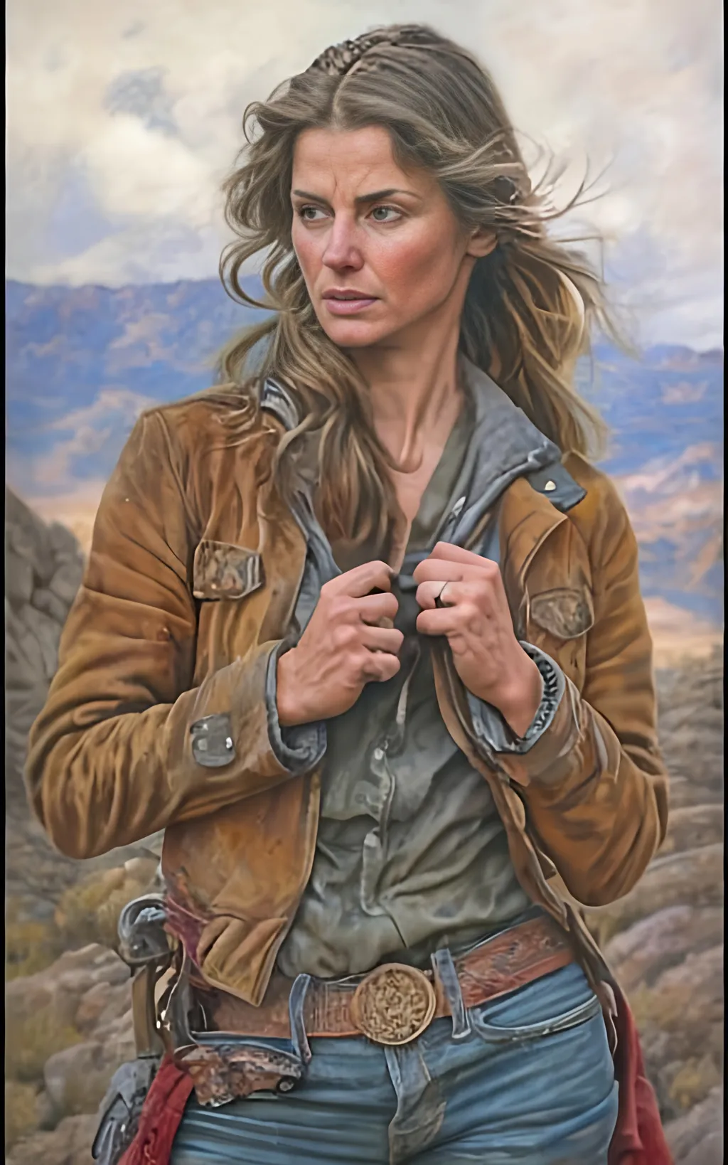 Prompt: create a hyper detailed painting, photo, illustration, UHD, HDR, 128K, colored pencil of a woman in grey robes standing on a boulder in an arid place portrait, ultra detailed, sharp focus, lightly muted color, atmospheric perspective, fade into the background, illustration, in the style of Norman Rockwell, and Steve Cloaked in a weathered leather jacket adorned with patches, an alluring woman wears practical cargo pants and sturdy hiking boots, signifying her connection to the wild. The surroundings showcase an expansive, panoramic view of untouched mountains, dense forests, and a pristine lake, capturing the essence of the wilderness in its raw beauty. Natural sunlight bathes the scene, casting warm and dynamic shadows on the woman's features. The sky is painted with the rich hues of a tranquil sunset, creating a breathtaking palette that mirrors the beauty of the outdoors. Her expression is one of quiet contemplation, a reflection of the peaceful solitude found in the heart of nature. Executed with an exceptional level of detail, the painting captures the intricacies of the woman's windblown hair, the texture of her well-worn jacket, and the nuanced play of light and shadow across the landscape