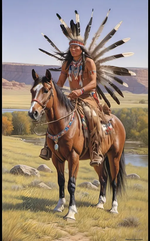 Prompt: create a realistic, hyper detailed, color pencil drawing, hyper detailed, UHD, HDR, 128K, In the heart of a picturesque landscape drawing in the style of Norman Rockwell, Steve Hanks, and Michael James Smith, dramatic natural lighting, portrait of a The Sioux Indian on a galloping horse counting coup is a traditional Native American ceremonial hunt that holds cultural significance among the Sioux people. In this dance, participants often wear elaborate traditional regalia, adorned with feathers, beads, and other symbolic elements.

Imagine a Sioux Indian dog dancer on a galloping horse, dressed in vibrant and meticulously crafted attire, consisting of fringed clothing, a headdress adorned with feathers, and intricate beadwork reflecting the cultural heritage of the Sioux tribe. The dancer moves with purpose and grace, embodying the spirit of the dog dance.