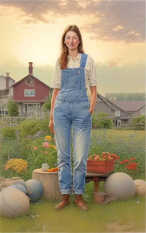 Prompt: create a highly detailed colored pencil drawing standing portrait on grey paper, in the style of Norman Rockwell, Tsutomu Nihei and Steve Hanks of  a                   beautiful and tranquil young country woman wearing jeans and sitting on a boulder portrait in her lush and overflowing garden next to her modest farm house reflecting on the days work, wearing a sun dress against an evening sky                        portrait on grey paper against a detailed hilly spring  landscape with dark swirling clouds of a brewing thunderhead against a full moon stirs in the background, in the style of Norman Rockwell, Tsutomu Nihei and Steve Hanks of                 
       the tranquil countryside, a country person sits comfortably on the front porch steps of a modest farmhouse, taking a moment to reflect on the day's endeavors. The surroundings exude a sense of peace and simplicity, inviting a connection with nature.  the face is hyper-detailed.
Dressed in well-worn yet tidy work clothes, the individual seems at ease, embodying the hardworking spirit of rural life. The porch, though not extravagant, is detailed and well-maintained, featuring a rocking chair and perhaps a wooden table with a cup of coffee or tea.  
As the person contemplates, their gaze extends to the expansive fields in the distance. The crops, recently planted, are beginning to sprout, promising a bountiful harvest in the future. The vibrant green of the emerging plants contrasts beautifully with the rich brown soil. 
Against the canvas of the rural landscape.
In this picturesque setting, the country person finds solace and fulfillment, appreciating the simplicity and beauty of a life intertwined with the land. The scene captures the essence of rural existence, where hard work and contemplation merge seamlessly against a backdrop of nature's wonders.