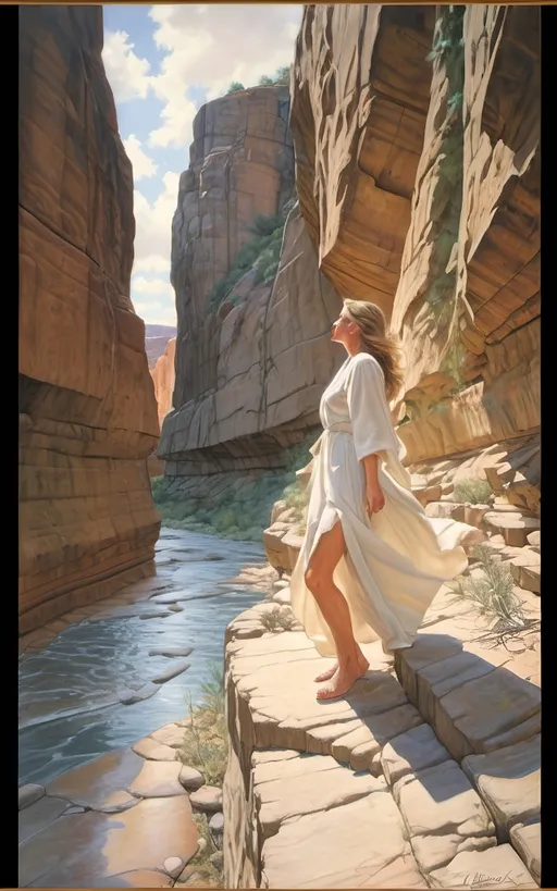 Prompt: highly detailed, UHD, HDR, 128K, color pencil, in the style of Norman Rockwell and Steve Hanks, with very fine grain style. a shallow and wide and rock gully with cracked stone and rock pebbles. A beautiful woman in white flowing robes stands on the edge of the rock ledge and the wind is blowing. There are ledges of rock overhanging over the edges of the gully and it is trimmed with mostly dry but an occasionally green brush, grass and tumble weed or other forest fauna including vines. in the middle of the gully there are falls of water still left from the last deluge that reflect the blue sky. a Texas Jackrabbit is brave enough to wander out to test the water. The rest of the scene is an serene scene with lush brush and grass. There is a blue sky with swirling cumulus clouds. There are low hills in the far distance that are faded and blue and some trees can be seen in the distance. There is ponding water that reflects the sky., 3d render, painting, photo, cinematic, poster