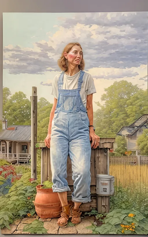 Prompt: create a highly detailed colored pencil drawing standing portrait on grey paper, in the style of Norman Rockwell, Tsutomu Nihei and Steve Hanks of  a                   beautiful and tranquil young country woman wearing jeans and sitting on a boulder portrait in her lush and overflowing garden next to her modest farm house reflecting on the days work, wearing a sun dress against an evening sky                        portrait on grey paper against a detailed hilly spring  landscape with dark swirling clouds of a brewing thunderhead against a full moon stirs in the background, in the style of Norman Rockwell, Tsutomu Nihei and Steve Hanks of                 
       the tranquil countryside, a country person sits comfortably on the front porch steps of a modest farmhouse, taking a moment to reflect on the day's endeavors. The surroundings exude a sense of peace and simplicity, inviting a connection with nature.  the face is hyper-detailed.
Dressed in well-worn yet tidy work clothes, the individual seems at ease, embodying the hardworking spirit of rural life. The porch, though not extravagant, is detailed and well-maintained, featuring a rocking chair and perhaps a wooden table with a cup of coffee or tea.  
As the person contemplates, their gaze extends to the expansive fields in the distance. The crops, recently planted, are beginning to sprout, promising a bountiful harvest in the future. The vibrant green of the emerging plants contrasts beautifully with the rich brown soil. 
Against the canvas of the rural landscape.
In this picturesque setting, the country person finds solace and fulfillment, appreciating the simplicity and beauty of a life intertwined with the land. The scene captures the essence of rural existence, where hard work and contemplation merge seamlessly against a backdrop of nature's wonders.