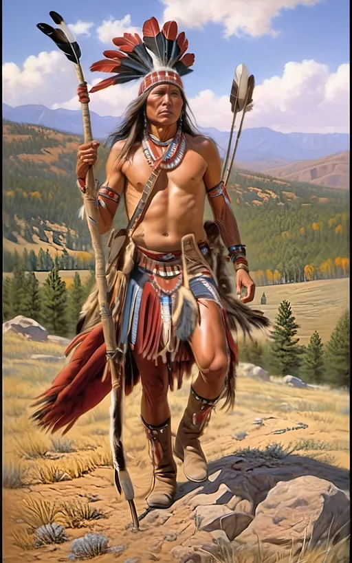 Prompt: create a realistic, hyper detailed, color pencil drawing, hyper detailed, UHD, HDR, 128K, In the heart of a picturesque landscape drawing in the style of Norman Rockwell, Steve Hanks, and Michael James Smith, dramatic natural lighting, portrait of a The Sioux Indian on a galloping horse counting coup is a traditional Native American ceremonial hunt that holds cultural significance among the Sioux people. In this dance, participants often wear elaborate traditional regalia, adorned with feathers, beads, and other symbolic elements.

Imagine a Sioux Indian dog dancer on a galloping horse, dressed in vibrant and meticulously crafted attire, consisting of fringed clothing, a headdress adorned with feathers, and intricate beadwork reflecting the cultural heritage of the Sioux tribe. The dancer moves with purpose and grace, embodying the spirit of the dog dance.