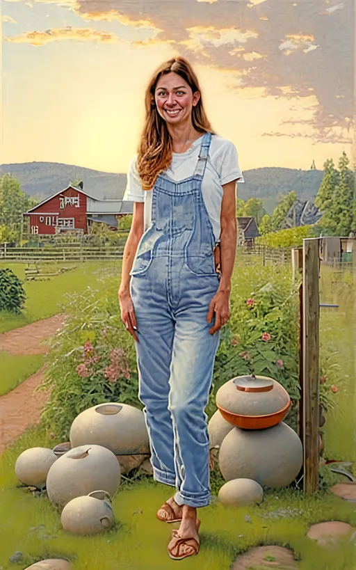 Prompt: create a highly detailed colored pencil drawing standing portrait on grey paper, in the style of Norman Rockwell, Tsutomu Nihei and Steve Hanks of  a                   beautiful and tranquil young country woman wearing jeans and sitting on a boulder portrait in her lush and overflowing garden next to her modest farm house reflecting on the days work, wearing a sun dress against an evening sky                        portrait on grey paper against a detailed hilly spring  landscape with dark swirling clouds of a brewing thunderhead against a full moon stirs in the background, in the style of Norman Rockwell, Tsutomu Nihei and Steve Hanks of                 
       the tranquil countryside, a country person sits comfortably on the front porch steps of a modest farmhouse, taking a moment to reflect on the day's endeavors. The surroundings exude a sense of peace and simplicity, inviting a connection with nature.  the face is hyper-detailed.
Dressed in well-worn yet tidy work clothes, the individual seems at ease, embodying the hardworking spirit of rural life. The porch, though not extravagant, is detailed and well-maintained, featuring a rocking chair and perhaps a wooden table with a cup of coffee or tea.  
As the person contemplates, their gaze extends to the expansive fields in the distance. The crops, recently planted, are beginning to sprout, promising a bountiful harvest in the future. The vibrant green of the emerging plants contrasts beautifully with the rich brown soil. 
Against the canvas of the rural landscape.
In this picturesque setting, the country person finds solace and fulfillment, appreciating the simplicity and beauty of a life intertwined with the land. The scene captures the essence of rural existence, where hard work and contemplation merge seamlessly against a backdrop of nature's wonders.