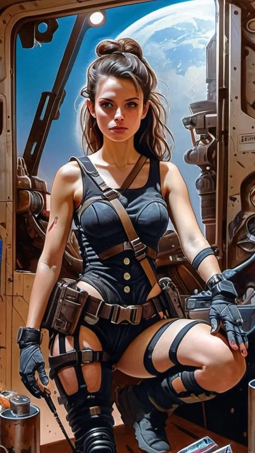 Prompt: Create a realistic, painting, and meticulously detailed, dramatic, realistic, hyperrealist, sfumato, vibrant, painterly painting of a woman in a biomechanical exosuit repairing a spacecraft in a cluttered hangar on an alien planet, with an alien skyline and twin moons visible through an open hangar door under an indigo sky.

OUTPUT2:
Create a realistic, impressionistic painting, and meticulously detailed, dramatic, realistic, sfumato, vibrant, painterly painting with sharp detail in the foreground, the artist expertly blends the styles of Norman Rockwell, Gustave Courbet, Steve Hanks, Moebius, Julie Bell, William Hagerman, Andrew Wyeth, Jen Christiansen, Popular Mechanics, and Frank Frazetta. Use Albert Bierstadt lighting and shadows. Use realistic and accurate scale, proportion, perspective, and foreshortening. The protagonist is the focal point of the image. The tonal range of the image is subdued, with a predominance of earthy, muted hues.  The lines, curves, and gradients create a harmonious, organic composition. There is a translucent outer glow around the protagonist. Mute the background and use atmospheric perspective for depth. Make sure the image is not busy or crowded.  Mute the background colors. Use strong natural lighting from one side and use a weak cool reflected light on the opposite side. Convert any protagonist into a contemporary style. Ensure the anatomy of the protagonist is accurate and to scale and the foreshortening and perspective is correct. The image should be lifelike and realistic. The folds of the fabric should look natural. Use atmospheric perspective, dramatic lighting, reflected light, cool colors in the shadows, and warm colors in the light. Use strong dramatic natural lighting from one side, cool colors in the background, and warm colors in the foreground. Use accurate anatomy, proportions, perspective, and foreshortening. Use Color Harmony and a Mother Color.