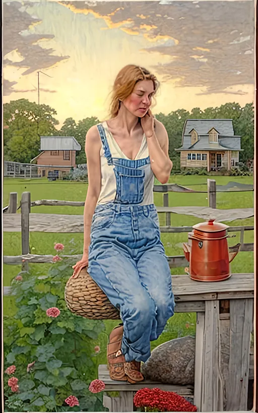 Prompt: create a highly detailed colored pencil drawing standing portrait on grey paper, in the style of Norman Rockwell, Tsutomu Nihei and Steve Hanks of  a                   beautiful and tranquil young country woman wearing jeans and sitting on a boulder portrait in her lush and overflowing garden next to her modest farm house reflecting on the days work, wearing a sun dress against an evening sky                        portrait on grey paper against a detailed hilly spring  landscape with dark swirling clouds of a brewing thunderhead against a full moon stirs in the background, in the style of Norman Rockwell, Tsutomu Nihei and Steve Hanks of                 
       the tranquil countryside, a country person sits comfortably on the front porch steps of a modest farmhouse, taking a moment to reflect on the day's endeavors. The surroundings exude a sense of peace and simplicity, inviting a connection with nature.  the face is hyper-detailed.
Dressed in well-worn yet tidy work clothes, the individual seems at ease, embodying the hardworking spirit of rural life. The porch, though not extravagant, is detailed and well-maintained, featuring a rocking chair and perhaps a wooden table with a cup of coffee or tea.  
As the person contemplates, their gaze extends to the expansive fields in the distance. The crops, recently planted, are beginning to sprout, promising a bountiful harvest in the future. The vibrant green of the emerging plants contrasts beautifully with the rich brown soil. 
Against the canvas of the rural landscape.
In this picturesque setting, the country person finds solace and fulfillment, appreciating the simplicity and beauty of a life intertwined with the land. The scene captures the essence of rural existence, where hard work and contemplation merge seamlessly against a backdrop of nature's wonders.