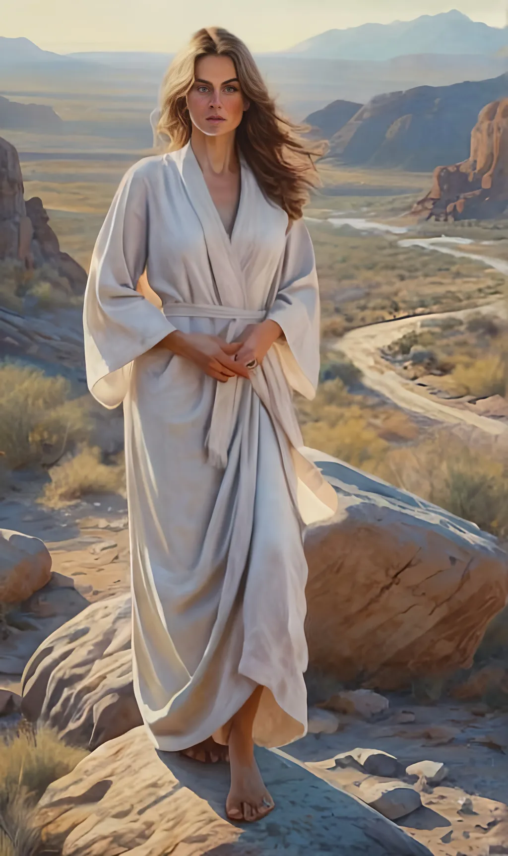 Prompt: create a hyper detailed painting, photo, illustration, UHD, HDR, 128K, colored pencil of a woman in grey robes standing on a boulder in an arid place portrait, ultra detailed, sharp focus, lightly muted color, atmospheric perspective, fade into the background, illustration, in the style of Norman Rockwell, and Steve Cloaked in a weathered leather jacket adorned with patches, an alluring woman wears practical cargo pants and sturdy hiking boots, signifying her connection to the wild. The surroundings showcase an expansive, panoramic view of untouched mountains, dense forests, and a pristine lake, capturing the essence of the wilderness in its raw beauty. Natural sunlight bathes the scene, casting warm and dynamic shadows on the woman's features. The sky is painted with the rich hues of a tranquil sunset, creating a breathtaking palette that mirrors the beauty of the outdoors. Her expression is one of quiet contemplation, a reflection of the peaceful solitude found in the heart of nature. Executed with an exceptional level of detail, the painting captures the intricacies of the woman's windblown hair, the texture of her well-worn jacket, and the nuanced play of light and shadow across the landscape