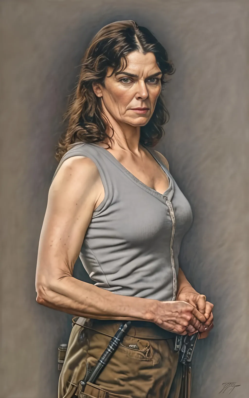 Prompt: create a highly detailed colored pencil drawing standing portrait on grey paper, in the style of Norman Rockwell, Tsutomu Nihei and Steve Hanks. Every detail is meticulously captured, in HDR (High Dynamic Range), UHD (Ultra High Definition), and 1080p. Michelle Forbes portrays Admiral Helena Cain in the drama tv movie "Battlestar Galactica." wearing a leather uniform. use all best practices in art and design to produce what would be recognized as a master work art piece. use accurate perspective and foreshortening. use atmospheric perspective. create expressive faces and use dramatic lighting. fur coat and fur hat. Michelle Forbes portrays Admiral Helena Cain: Pegasus's formidable commander, Cain, exudes steely authority in her perfectly tailored uniform. Her blonde hair, pulled back in a tight bun, and her cold blue eyes leave no room for doubt about her unwavering resolve. Her crisp attire, devoid of any personal touches, reflects her single-minded focus on military efficiency and victory at any cost. She's a force of nature, her presence demanding obedience and respect, even from the seasoned officers of Galactica., cinematic, illustration, poster, portrait photography