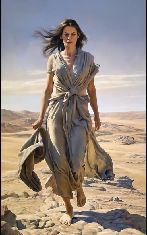 Prompt: create a hyper detailed painting, photo, illustration, UHD, HDR, 128K, colored pencil of a woman in grey robes standing on a boulder in an arid place portrait, ultra detailed, sharp focus, lightly muted color, atmospheric perspective, fade into the background, illustration, in the style of Norman Rockwell, and Steve Cloaked in a weathered leather jacket adorned with patches, an alluring woman wears practical cargo pants and sturdy hiking boots, signifying her connection to the wild. The surroundings showcase an expansive, panoramic view of untouched mountains, dense forests, and a pristine lake, capturing the essence of the wilderness in its raw beauty. Natural sunlight bathes the scene, casting warm and dynamic shadows on the woman's features. The sky is painted with the rich hues of a tranquil sunset, creating a breathtaking palette that mirrors the beauty of the outdoors. Her expression is one of quiet contemplation, a reflection of the peaceful solitude found in the heart of nature. Executed with an exceptional level of detail, the painting captures the intricacies of the woman's windblown hair, the texture of her well-worn jacket, and the nuanced play of light and shadow across the landscape