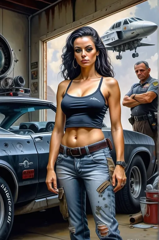 Prompt: Create a realistic, painting, and meticulously detailed, dramatic, realistic, hyperrealist, sfumato, vibrant, painterly painting of a woman in a biomechanical exosuit repairing a spacecraft in a cluttered hangar on an alien planet, with an alien skyline and twin moons visible through an open hangar door under an indigo sky.

OUTPUT2:
Create a realistic, impressionistic painting, and meticulously detailed, dramatic, realistic, sfumato, vibrant, painterly painting with sharp detail in the foreground, the artist expertly blends the styles of Norman Rockwell, Gustave Courbet, Steve Hanks, Moebius, Julie Bell, William Hagerman, Andrew Wyeth, Jen Christiansen, Popular Mechanics, and Frank Frazetta. Use Albert Bierstadt lighting and shadows. Use realistic and accurate scale, proportion, perspective, and foreshortening. The protagonist is the focal point of the image. The tonal range of the image is subdued, with a predominance of earthy, muted hues.  The lines, curves, and gradients create a harmonious, organic composition. There is a translucent outer glow around the protagonist. Mute the background and use atmospheric perspective for depth. Make sure the image is not busy or crowded.  Mute the background colors. Use strong natural lighting from one side and use a weak cool reflected light on the opposite side. Convert any protagonist into a contemporary style. Ensure the anatomy of the protagonist is accurate and to scale and the foreshortening and perspective is correct. The image should be lifelike and realistic. The folds of the fabric should look natural. Use atmospheric perspective, dramatic lighting, reflected light, cool colors in the shadows, and warm colors in the light. Use strong dramatic natural lighting from one side, cool colors in the background, and warm colors in the foreground. Use accurate anatomy, proportions, perspective, and foreshortening. Use Color Harmony and a Mother Color.