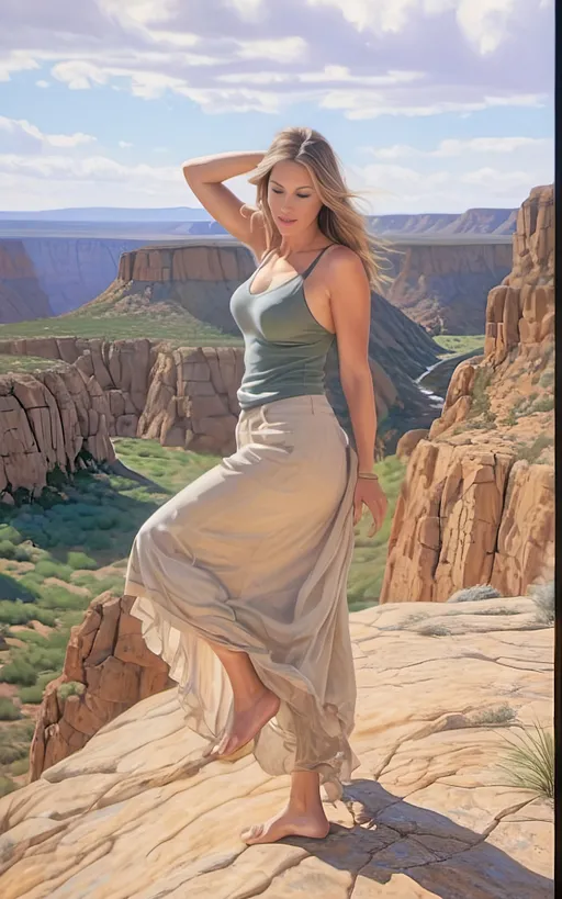 Prompt: create a hyper detailed, color pencil drawing, hyper detailed, UHD, HDR, 128K, standing on a rock portrait of a woman in in a semi-arid landscape portrait drawing in the style of Norman Rockwell, Steve Hanks, and Michael James Smith, portrait of woman, standing on the rock edge of a gulley with white drape billowing in the high wind. The woman forged by the harsh sands of a dystopian future and stands on the edge of a wide and rock gully with cracked stone and rock pebbles. Along the gully are ledges of rock overhanging over the edges of the gully and it is trimmed with mostly dry but an occasionally green brush, grass and tumble weed or other forest fauna including vines. in the middle of the gully there are falls of water still left from the last deluge that reflect the blue sky. a Texas Jackrabbit is brave enough to wander out to test the water. The rest of the scene is an serene scene with lush brush and grass. Dramatic natural light. There is a blue sky with swirling cumulus clouds. There are low hills in the far distance that are faded and blue and some trees can be seen in the distance. There is ponding water that reflects the sky., 3d render, painting, photo, cinematic, poster