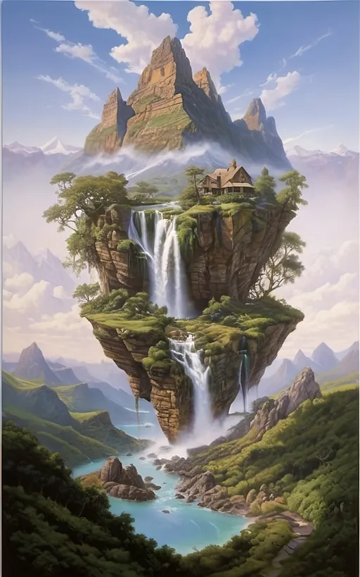 Prompt: in the style of Dalhart Windberg, Jean Baptiste, and Steve Hanks create a highly detailed and photorealistic painting of an otherworldly painting in of photorealistic realism of groups of floating mountains and verdant islands and some flat floating lands connected to each other by vines and tree roots, seemingly torn from a distant mountain range, create a surreal dreamscape that captivates the senses. These colossal formations, each with its own unique contours and character, cluster together in a harmonious dance of shapes and sizes, forming a mesmerizing tapestry against the backdrop of an endless sky. Upon these suspended landmasses, life flourishes in abundance. Trees of unimaginable size and diversity adorn the islands, their roots and vines intertwining in a delicate ballet that weaves through the air, connecting the floating wonders in a labyrinth of greenery. From the lofty peaks to the hidden recesses within the rocks, a myriad of flora and fauna thrives, painting the landscape with a kaleidoscope of colors and textures. As if drawn by an unseen hand, cascading waterfalls emerge from hidden springs nestled within the heart of the mountains, their crystalline streams carving sinuous paths down rugged slopes before dissolving into a fine mist that shrouds the landscape in an otherworldly veil. The air is alive with the soothing melody of rushing water and the gentle rustle of leaves, a symphony that echoes through the expanse, imbuing it with a sense of serene tranquility. Enveloping the floating marvels is a perpetual mist, its ethereal embrace adding an aura of mystery to the scene, obscuring distant vistas in a tantalizing haze. Below the suspended wonders lies a lush expanse of rolling hills and verdant valleys, their contours softened by a carpet of emerald foliage that stretches as far as the eye can see. Rocky bluffs rise majestically from the earth, their weathered faces bearing testament to the passage of time., cinematic, photo, poster