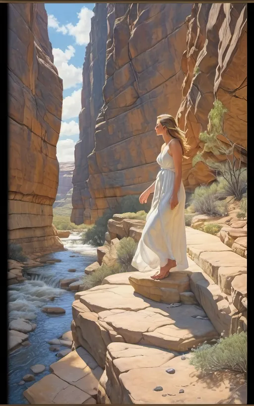 Prompt: highly detailed, UHD, HDR, 128K, color pencil, in the style of Norman Rockwell and Steve Hanks, with very fine grain style. a shallow and wide and rock gully with cracked stone and rock pebbles. A beautiful woman in white flowing robes stands on the edge of the rock ledge and the wind is blowing. There are ledges of rock overhanging over the edges of the gully and it is trimmed with mostly dry but an occasionally green brush, grass and tumble weed or other forest fauna including vines. in the middle of the gully there are falls of water still left from the last deluge that reflect the blue sky. a Texas Jackrabbit is brave enough to wander out to test the water. The rest of the scene is an serene scene with lush brush and grass. There is a blue sky with swirling cumulus clouds. There are low hills in the far distance that are faded and blue and some trees can be seen in the distance. There is ponding water that reflects the sky., 3d render, painting, photo, cinematic, poster