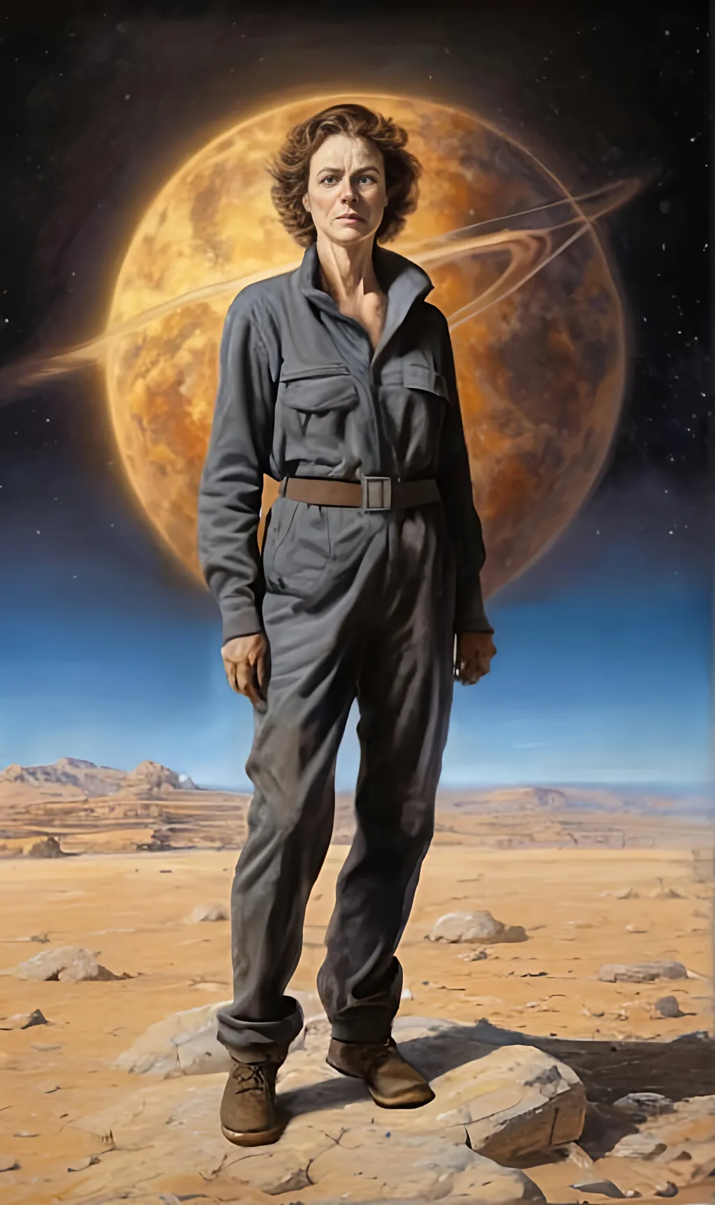 Prompt: create a hyper detailed painting, photo, illustration, UHD, HDR, 128K, colored pencil of a woman in grey robes standing on a boulder in an arid place portrait, ultra detailed, sharp focus, lightly muted color, atmospheric perspective, fade into the background, illustration, in the style of Norman Rockwell, and Steve Cloaked in a weathered leather jacket adorned with patches, an alluring woman wears practical cargo pants and sturdy hiking boots, signifying her connection to the wild. The surroundings showcase an expansive, panoramic view of untouched mountains, dense forests, and a pristine lake, capturing the essence of the wilderness in its raw beauty. Natural sunlight bathes the scene, casting warm and dynamic shadows on the woman's features. The sky is painted with the rich hues of a tranquil sunset, creating a breathtaking palette that mirrors the beauty of the outdoors. Her expression is one of quiet contemplation, a reflection of the peaceful solitude found in the heart of nature. Executed with an exceptional level of detail, the painting captures the intricacies of the woman's windblown hair, the texture of her well-worn jacket, and the nuanced play of light and shadow across the landscape