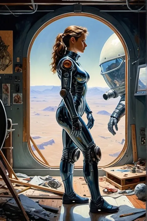 Prompt: Create a realistic, painting, and meticulously detailed, dramatic, realistic, hyperrealist, sfumato, vibrant, painterly painting of a woman in a biomechanical exosuit repairing a spacecraft in a cluttered hangar on an alien planet, with an alien skyline and twin moons visible through an open hangar door under an indigo sky.

OUTPUT2:
Create a realistic, impressionistic painting, and meticulously detailed, dramatic, realistic, sfumato, vibrant, painterly painting with sharp detail in the foreground, the artist expertly blends the styles of Norman Rockwell, Gustave Courbet, Steve Hanks, Moebius, Julie Bell, William Hagerman, Andrew Wyeth, Jen Christiansen, Popular Mechanics, and Frank Frazetta. Use Albert Bierstadt lighting and shadows. Use realistic and accurate scale, proportion, perspective, and foreshortening. The protagonist is the focal point of the image. The tonal range of the image is subdued, with a predominance of earthy, muted hues.  The lines, curves, and gradients create a harmonious, organic composition. There is a translucent outer glow around the protagonist. Mute the background and use atmospheric perspective for depth. Make sure the image is not busy or crowded.  Mute the background colors. Use strong natural lighting from one side and use a weak cool reflected light on the opposite side. Convert any protagonist into a contemporary style. Ensure the anatomy of the protagonist is accurate and to scale and the foreshortening and perspective is correct. The image should be lifelike and realistic. The folds of the fabric should look natural. Use atmospheric perspective, dramatic lighting, reflected light, cool colors in the shadows, and warm colors in the light. Use strong dramatic natural lighting from one side, cool colors in the background, and warm colors in the foreground. Use accurate anatomy, proportions, perspective, and foreshortening. Use Color Harmony and a Mother Color.