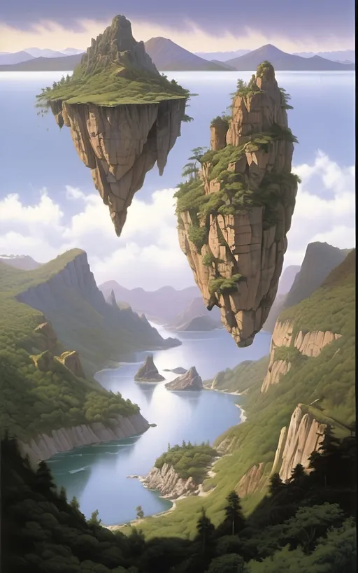 Prompt: in the style of Dalhart Windberg, Jean Baptiste, and Steve Hanks create a highly detailed and photorealistic painting of an otherworldly painting in of photorealistic realism of groups of floating mountains and verdant islands and some flat floating lands connected to each other by vines and tree roots, seemingly torn from a distant mountain range, create a surreal dreamscape that captivates the senses. These colossal formations, each with its own unique contours and character, cluster together in a harmonious dance of shapes and sizes, forming a mesmerizing tapestry against the backdrop of an endless sky. Upon these suspended landmasses, life flourishes in abundance. Trees of unimaginable size and diversity adorn the islands, their roots and vines intertwining in a delicate ballet that weaves through the air, connecting the floating wonders in a labyrinth of greenery. From the lofty peaks to the hidden recesses within the rocks, a myriad of flora and fauna thrives, painting the landscape with a kaleidoscope of colors and textures. As if drawn by an unseen hand, cascading waterfalls emerge from hidden springs nestled within the heart of the mountains, their crystalline streams carving sinuous paths down rugged slopes before dissolving into a fine mist that shrouds the landscape in an otherworldly veil. The air is alive with the soothing melody of rushing water and the gentle rustle of leaves, a symphony that echoes through the expanse, imbuing it with a sense of serene tranquility. Enveloping the floating marvels is a perpetual mist, its ethereal embrace adding an aura of mystery to the scene, obscuring distant vistas in a tantalizing haze. Below the suspended wonders lies a lush expanse of rolling hills and verdant valleys, their contours softened by a carpet of emerald foliage that stretches as far as the eye can see. Rocky bluffs rise majestically from the earth, their weathered faces bearing testament to the passage of time., cinematic, photo, poster