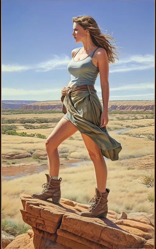 Prompt: create a hyper detailed, color pencil drawing, hyper detailed, UHD, HDR, 128K, standing on a rock portrait of a woman in in a semi-arid landscape portrait drawing in the style of Norman Rockwell, Steve Hanks, and Michael James Smith, portrait of woman, standing on the rock edge of a gulley with white drape billowing in the high wind. The woman forged by the harsh sands of a dystopian future and stands on the edge of a wide and rock gully with cracked stone and rock pebbles. Along the gully are ledges of rock overhanging over the edges of the gully and it is trimmed with mostly dry but an occasionally green brush, grass and tumble weed or other forest fauna including vines. in the middle of the gully there are falls of water still left from the last deluge that reflect the blue sky. a Texas Jackrabbit is brave enough to wander out to test the water. The rest of the scene is an serene scene with lush brush and grass. Dramatic natural light. There is a blue sky with swirling cumulus clouds. There are low hills in the far distance that are faded and blue and some trees can be seen in the distance. There is ponding water that reflects the sky., 3d render, painting, photo, cinematic, poster