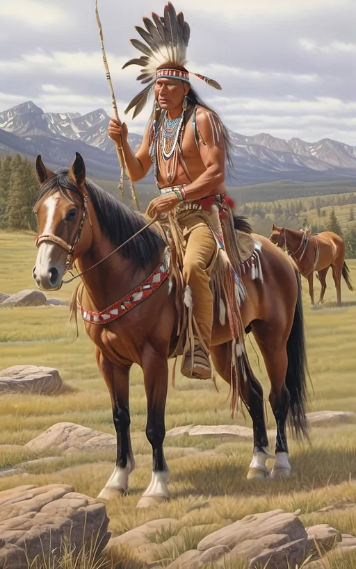Prompt: create a realistic, hyper detailed, color pencil drawing, hyper detailed, UHD, HDR, 128K, In the heart of a picturesque landscape drawing in the style of Norman Rockwell, Steve Hanks, and Michael James Smith, dramatic natural lighting, portrait of a The Sioux Indian on a galloping horse counting coup is a traditional Native American ceremonial hunt that holds cultural significance among the Sioux people. In this dance, participants often wear elaborate traditional regalia, adorned with feathers, beads, and other symbolic elements.

Imagine a Sioux Indian dog dancer on a galloping horse, dressed in vibrant and meticulously crafted attire, consisting of fringed clothing, a headdress adorned with feathers, and intricate beadwork reflecting the cultural heritage of the Sioux tribe. The dancer moves with purpose and grace, embodying the spirit of the dog dance.