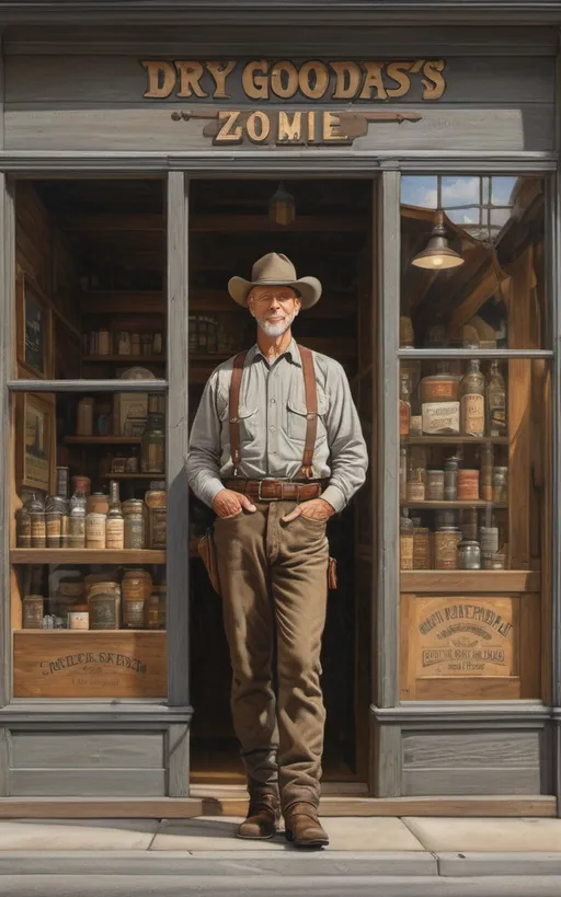 Prompt: create a highly detailed colored pencil drawing standing portrait on grey paper, in the style of Norman Rockwell, Tsutomu Nihei and Steve Hanks of a dry goods store façade. shown are wooden façade and wooden sidewalk, the door and front windows on each side with reflection of western dry goods store in 1880 zoomed into plate glass window with the words "Dry Goods" painted on window with a bright reflection; view of the window and door front view portrait of the façade of a dry goods store. The 1880s dry goods store presents a nostalgic glimpse into the past. The weathered façade of the establishment, constructed from aged wood. the front window is a portal to the world within. The window, adorned with the bold proclamation "Dry Goods" in a rustic western font. Half of the glass surface is dappled with a glaring reflection of the sky and street in front of the store. A horse and buckboard wagon is parked in the front half loaded with dry goods. The town sheriff is leaning on edifice