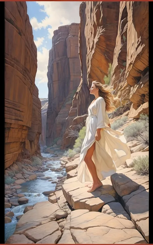 Prompt: highly detailed, UHD, HDR, 128K, color pencil, in the style of Norman Rockwell and Steve Hanks, with very fine grain style. a shallow and wide and rock gully with cracked stone and rock pebbles. A beautiful woman in white flowing robes stands on the edge of the rock ledge and the wind is blowing. There are ledges of rock overhanging over the edges of the gully and it is trimmed with mostly dry but an occasionally green brush, grass and tumble weed or other forest fauna including vines. in the middle of the gully there are falls of water still left from the last deluge that reflect the blue sky. a Texas Jackrabbit is brave enough to wander out to test the water. The rest of the scene is an serene scene with lush brush and grass. There is a blue sky with swirling cumulus clouds. There are low hills in the far distance that are faded and blue and some trees can be seen in the distance. There is ponding water that reflects the sky., 3d render, painting, photo, cinematic, poster