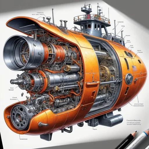 Prompt: create a realistic, hyper detailed, crisp focus, sharp focus, UHD, HDR, 128K, a hyper realistic, vibrant color technical illustration cutaway color pencil style drawing of small submersible disassembly parts exploded view disassembly, hyper detailed drawing, in the style of Norman Rockwell, Caravaggio, Steve Hanks, and Michael James Smith, using atmospheric perspective, with dramatic lighting, drawing of 
 . The drawing is predominantly adorned with rich vibrant colors, with a striking accent color, BD8B0E, adding an electrifying touch, 


a technical illustration cutaway drawing of a small submersible disassembly parts exploded view disassembly