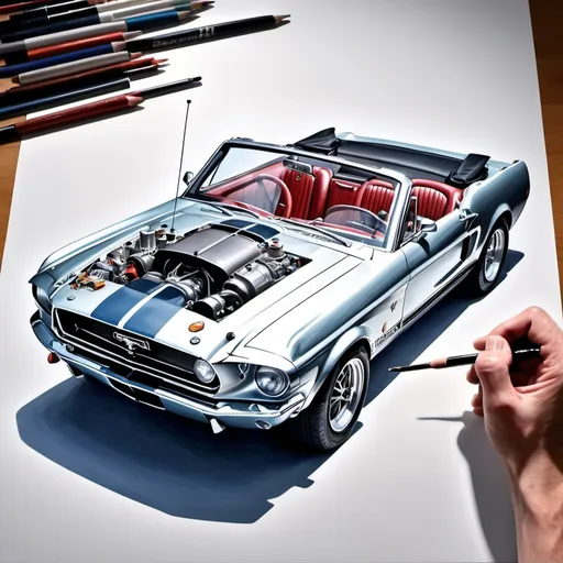 Prompt: create a realistic, hyper detailed, crisp focus, sharp focus, UHD, HDR, 128K, a hyper realistic, vibrant color color pencil technical illustration cutaway drawing, on white paper, of an isometric silver 1967 ford shelby mustang convertible disassembly parts exploded view disassembly, hyper detailed drawing, in the style of Norman Rockwell, Caravaggio, Steve Hanks, and Michael James Smith, using atmospheric perspective, with dramatic lighting, drawing of 
 . The drawing is predominantly adorned with rich vibrant colors, with a striking accent color, BD8B0E, adding an electrifying touch.  add negative space around object. white space. color pencil drawing


a technical illustration cutaway drawing of a small submersible disassembly parts exploded view disassembly