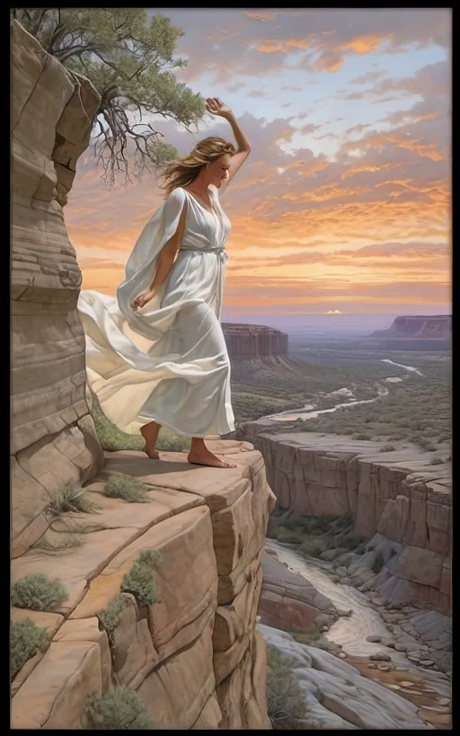 Prompt: highly detailed, UHD, HDR, 128K, color pencil, in the style of Norman Rockwell and Steve Hanks, with very fine grain style. a shallow and wide and rock gully with cracked stone and rock pebbles. A beautiful woman in white flowing robes stands on the edge of the rock ledge and the wind is blowing. There are ledges of rock overhanging over the edges of the gully and it is trimmed with mostly dry but an occasionally green brush, grass and tumble weed or other forest fauna including vines. in the middle of the gully there are falls of water still left from the last deluge that reflect the blue sky. a Texas Jackrabbit is brave enough to wander out to test the water. The rest of the scene is an serene scene with lush brush and grass. There is a blue sky with swirling cumulus clouds. There are low hills in the far distance that are faded and blue and some trees can be seen in the distance. There is ponding water that reflects the sky., 3d render, painting, photo, cinematic, poster