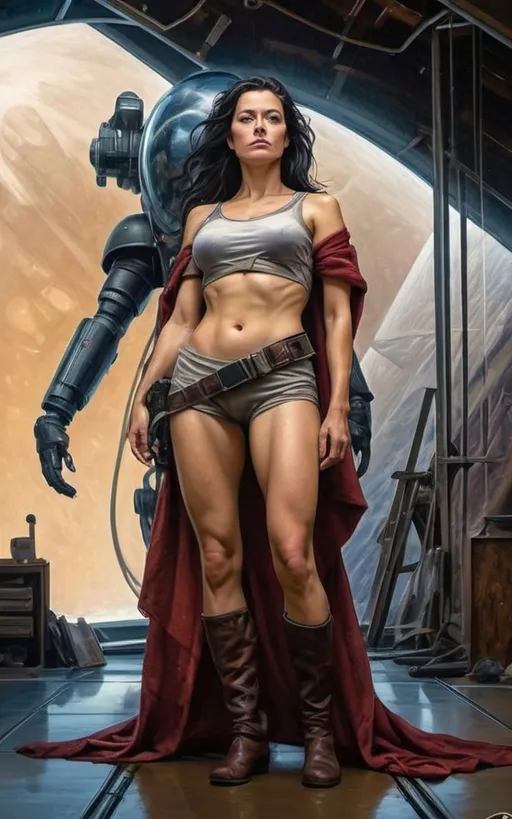 Prompt: Create a realistic, painterly textured painting, and meticulously detailed, dramatic, realistic, hyperrealist, sfumato, vibrant, painterly painting of a woman in a biomechanical exosuit repairing a spacecraft in a cluttered hangar on an alien planet, with an alien skyline and twin moons visible through an open hangar door under an indigo sky.

OUTPUT2:
Create a realistic, impressionistic painting, and meticulously detailed, dramatic, realistic, sfumato, vibrant, painterly painting with sharp detail in the foreground, the artist expertly blends the styles of Norman Rockwell, Gustave Courbet, Steve Hanks, Moebius, Julie Bell, William Hagerman, Andrew Wyeth, Jen Christiansen, Popular Mechanics, and Frank Frazetta. Use Albert Bierstadt lighting and shadows. Use realistic and accurate scale, proportion, perspective, and foreshortening. The protagonist is the focal point of the image. The tonal range of the image is subdued, with a predominance of earthy, muted hues.  The lines, curves, and gradients create a harmonious, organic composition. There is a translucent outer glow around the protagonist. Mute the background and use atmospheric perspective for depth. Make sure the image is not busy or crowded.  Mute the background colors. Use strong natural lighting from one side and use a weak cool reflected light on the opposite side. Convert any protagonist into a contemporary style. Ensure the anatomy of the protagonist is accurate and to scale and the foreshortening and perspective is correct. The image should be lifelike and realistic. The folds of the fabric should look natural. Use atmospheric perspective, dramatic lighting, reflected light, cool colors in the shadows, and warm colors in the light. Use strong dramatic natural lighting from one side, cool colors in the background, and warm colors in the foreground. Use accurate anatomy, proportions, perspective, and foreshortening. Use Color Harmony and a Mother Color.
