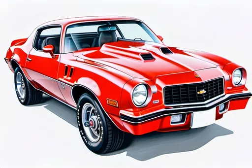 Prompt: in the style of Norman Rockwell, use best practices of art and design to create a realistic, negative space, center focus, hyper detailed, crisp focus, sharp focus, UHD, HDR, 128K, a hyper realistic,  color pencil  cutaway drawing, on white paper, of an isometric cherry red 1976 Chevrolet Camero  disassembly parts exploded view disassembly, hyper detailed drawing, in the style of Norman Rockwell, Caravaggio, Steve Hanks, and Michael James Smith, using atmospheric perspective, with dramatic lighting, drawing of 
 . The drawing is predominantly adorned with rich vibrant colors, with a striking accent color, BD8B0E, adding an electrifying touch.  add negative space around object. white space. color pencil drawing


a technical illustration cutaway drawing of a cherry red 1976 Chevrolet Camero  disassembly parts exploded view disassembly