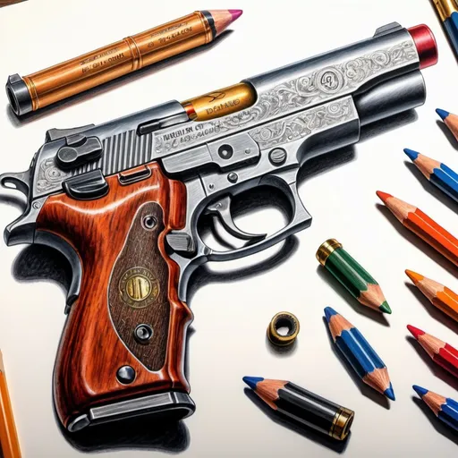 Prompt: create a realistic, hyper detailed, crisp focus, sharp focus, UHD, HDR, 128K, a hyper realistic, vibrant color pencil drawing of a 45 caliber pistol assembly exploded view disassembly, hyper detailed drawing, in the style of Norman Rockwell, Caravaggio, Steve Hanks, and Michael James Smith, using atmospheric perspective, with dramatic lighting, drawing of 
 . The drawing is predominantly adorned with rich vibrant colors, with a striking accent color, BD8B0E, adding an electrifying touch, 


a 45 caliber pistol assembly exploded view disassembly