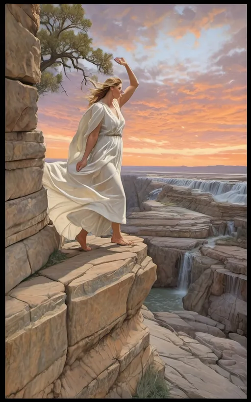 Prompt: highly detailed, UHD, HDR, 128K, color pencil, in the style of Norman Rockwell and Steve Hanks, with very fine grain style. a shallow and wide and rock gully with cracked stone and rock pebbles. A beautiful woman in white flowing robes stands on the edge of the rock ledge and the wind is blowing. There are ledges of rock overhanging over the edges of the gully and it is trimmed with mostly dry but an occasionally green brush, grass and tumble weed or other forest fauna including vines. in the middle of the gully there are falls of water still left from the last deluge that reflect the blue sky. a Texas Jackrabbit is brave enough to wander out to test the water. The rest of the scene is an serene scene with lush brush and grass. There is a blue sky with swirling cumulus clouds. There are low hills in the far distance that are faded and blue and some trees can be seen in the distance. There is ponding water that reflects the sky., 3d render, painting, photo, cinematic, poster