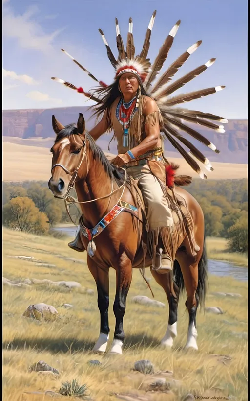 Prompt: create a realistic, hyper detailed, color pencil drawing, hyper detailed, UHD, HDR, 128K, In the heart of a picturesque landscape drawing in the style of Norman Rockwell, Steve Hanks, and Michael James Smith, dramatic natural lighting, portrait of a The Sioux Indian on a galloping horse counting coup is a traditional Native American ceremonial hunt that holds cultural significance among the Sioux people. In this dance, participants often wear elaborate traditional regalia, adorned with feathers, beads, and other symbolic elements.

Imagine a Sioux Indian dog dancer on a galloping horse, dressed in vibrant and meticulously crafted attire, consisting of fringed clothing, a headdress adorned with feathers, and intricate beadwork reflecting the cultural heritage of the Sioux tribe. The dancer moves with purpose and grace, embodying the spirit of the dog dance.