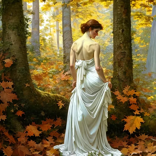 Prompt: in the style of Norman Rockwell, Caravaggio, and Steve Hanks, create a highly detailed standing colored pencil drawing of 
Deep within the heart of an enchanted forest, a woman becomes an ethereal dancer, weaving her movements with the ancient rhythms of the woodland. Draped in a gown that mirrors the dappled sunlight filtering through the leaves, she moves with a grace that seems to draw inspiration from the rustling leaves and the whispers of the ancient trees. The forest floor, carpeted in a lush tapestry of moss and fallen leaves, forms a natural dance floor for her ephemeral performance. The woman's bare feet make contact with the earth, each step resonating with the heartbeat of the forest. Around her, delicate woodland creatures emerge from their hiding places to witness the enchanting spectacle—a curious rabbit, a wise old owl, and a family of deer—all drawn by the mesmerizing energy of the forest dancer. The air is infused with the scent of pine needles and the sweet fragrance of wildflowers, creating an olfactory symphony that heightens the sensory experience. As the woman twirls beneath the canopy of ancient trees, beams of sunlight pierce through the foliage, casting a celestial glow upon her swirling silhouette. The scene is meticulously detailed—the intricate patterns on the woman's gown, the play of light and shadow on the forest floor, and the expressions on the faces of the woodland creatures, capturing a moment suspended in the magical embrace of the enchanted forest. In this portrayal, the woman and the forest become one, engaged in a timeless dance that transcends the boundaries between the human spirit and the ancient soul of the woodland.
