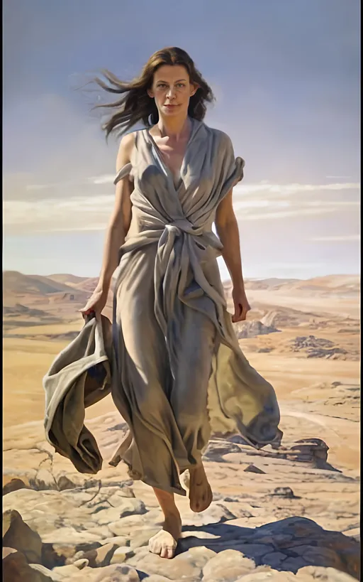 Prompt: create a hyper detailed painting, photo, illustration, UHD, HDR, 128K, colored pencil of a woman in grey robes standing on a boulder in an arid place portrait, ultra detailed, sharp focus, lightly muted color, atmospheric perspective, fade into the background, illustration, in the style of Norman Rockwell, and Steve Cloaked in a weathered leather jacket adorned with patches, an alluring woman wears practical cargo pants and sturdy hiking boots, signifying her connection to the wild. The surroundings showcase an expansive, panoramic view of untouched mountains, dense forests, and a pristine lake, capturing the essence of the wilderness in its raw beauty. Natural sunlight bathes the scene, casting warm and dynamic shadows on the woman's features. The sky is painted with the rich hues of a tranquil sunset, creating a breathtaking palette that mirrors the beauty of the outdoors. Her expression is one of quiet contemplation, a reflection of the peaceful solitude found in the heart of nature. Executed with an exceptional level of detail, the painting captures the intricacies of the woman's windblown hair, the texture of her well-worn jacket, and the nuanced play of light and shadow across the landscape