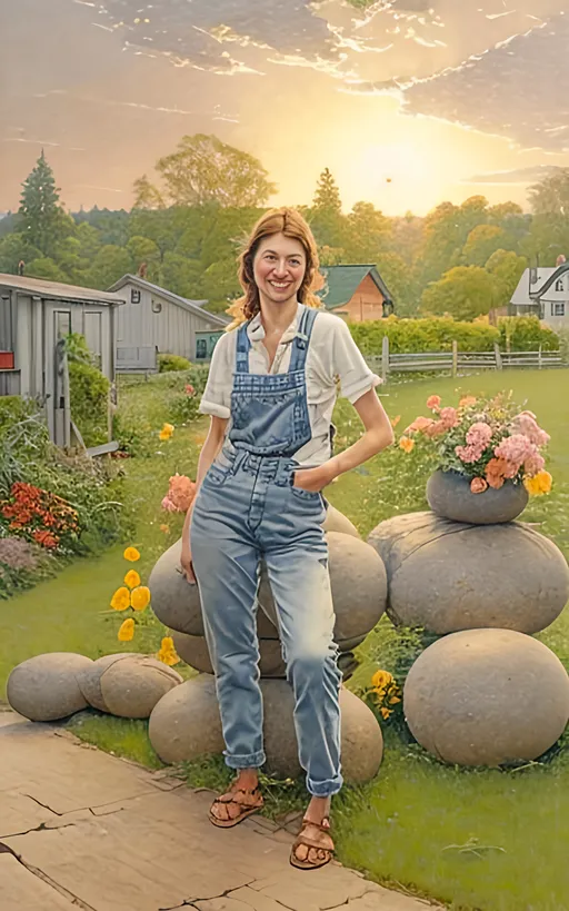 Prompt: create a highly detailed colored pencil drawing standing portrait on grey paper, in the style of Norman Rockwell, Tsutomu Nihei and Steve Hanks of  a                   beautiful and tranquil young country woman wearing jeans and sitting on a boulder portrait in her lush and overflowing garden next to her modest farm house reflecting on the days work, wearing a sun dress against an evening sky                        portrait on grey paper against a detailed hilly spring  landscape with dark swirling clouds of a brewing thunderhead against a full moon stirs in the background, in the style of Norman Rockwell, Tsutomu Nihei and Steve Hanks of                 
       the tranquil countryside, a country person sits comfortably on the front porch steps of a modest farmhouse, taking a moment to reflect on the day's endeavors. The surroundings exude a sense of peace and simplicity, inviting a connection with nature.  the face is hyper-detailed.
Dressed in well-worn yet tidy work clothes, the individual seems at ease, embodying the hardworking spirit of rural life. The porch, though not extravagant, is detailed and well-maintained, featuring a rocking chair and perhaps a wooden table with a cup of coffee or tea.  
As the person contemplates, their gaze extends to the expansive fields in the distance. The crops, recently planted, are beginning to sprout, promising a bountiful harvest in the future. The vibrant green of the emerging plants contrasts beautifully with the rich brown soil. 
Against the canvas of the rural landscape.
In this picturesque setting, the country person finds solace and fulfillment, appreciating the simplicity and beauty of a life intertwined with the land. The scene captures the essence of rural existence, where hard work and contemplation merge seamlessly against a backdrop of nature's wonders.