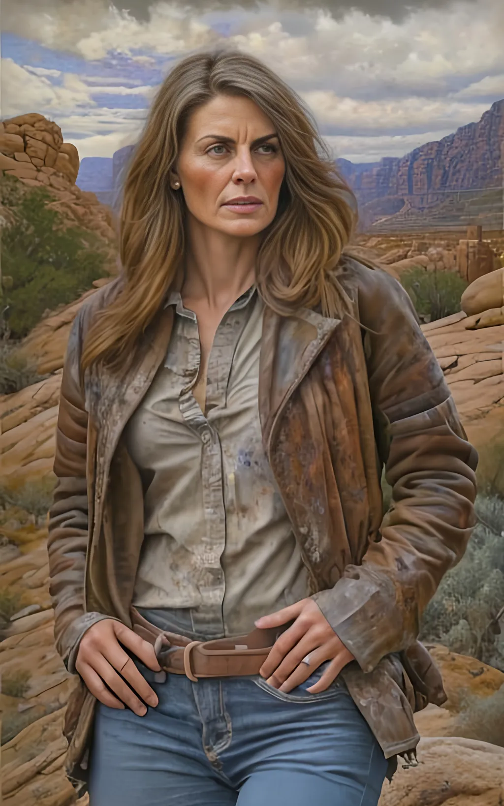 Prompt: create a hyper detailed painting, photo, illustration, UHD, HDR, 128K, colored pencil of a woman in grey robes standing on a boulder in an arid place portrait, ultra detailed, sharp focus, lightly muted color, atmospheric perspective, fade into the background, illustration, in the style of Norman Rockwell, and Steve Cloaked in a weathered leather jacket adorned with patches, an alluring woman wears practical cargo pants and sturdy hiking boots, signifying her connection to the wild. The surroundings showcase an expansive, panoramic view of untouched mountains, dense forests, and a pristine lake, capturing the essence of the wilderness in its raw beauty. Natural sunlight bathes the scene, casting warm and dynamic shadows on the woman's features. The sky is painted with the rich hues of a tranquil sunset, creating a breathtaking palette that mirrors the beauty of the outdoors. Her expression is one of quiet contemplation, a reflection of the peaceful solitude found in the heart of nature. Executed with an exceptional level of detail, the painting captures the intricacies of the woman's windblown hair, the texture of her well-worn jacket, and the nuanced play of light and shadow across the landscape