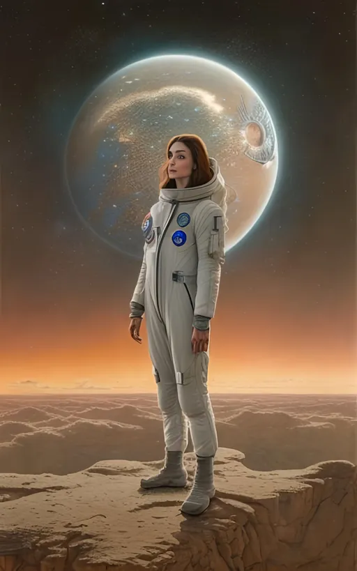 Prompt: create a highly detailed colored pencil drawing standing portrait on grey paper, in the style of Norman Rockwell, Tsutomu Nihei and Steve Hanks of a mesmerizingly ethereal portrait of Janet Montgomery plays Sarah Elliot, wearing a astronaut's jumpsuit, in the tv show "The Space Between Us". She is wearing her wardrobe from the show and she appears the age she was in the show. Every detail is meticulously captured, in HDR (High Dynamic Range), UHD (Ultra High Definition), and 1080p. use sharp contrast and dramatic lighting. use best practices in art and design to create what would be considered an artistic masterwork. 

Janet Montgomery plays Sarah Elliot, Gardner's mother, and her character is central to the emotional core of the series. Sarah's physical appearance is depicted with a mix of warmth and vulnerability, and her wardrobe reflects a balance between casual comfort and maternal elegance. Montgomery's costumes showcase Sarah's connection to both Mars and Earth, providing insight into her emotional journey as a mother separated from her son. As the series progresses, Sarah's costumes evolve to symbolize her resilience and unwavering love for Gardner.

 
 make the best use of positive and negative space. Sharp focus and rich color. leather futuristic uniform. use all best practices in art and design to produce what would be recognized as a master work art piece. use accurate perspective and foreshortening. use atmospheric perspective. create expressive faces and use dramatic lighting.