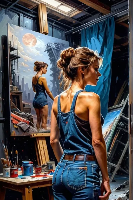 Prompt: Create a realistic, painting, and meticulously detailed, dramatic, realistic, hyperrealist, sfumato, vibrant, painterly painting of a woman in a biomechanical exosuit repairing a spacecraft in a cluttered hangar on an alien planet, with an alien skyline and twin moons visible through an open hangar door under an indigo sky.

OUTPUT2:
Create a realistic, impressionistic painting, and meticulously detailed, dramatic, realistic, sfumato, vibrant, painterly painting with sharp detail in the foreground, the artist expertly blends the styles of Norman Rockwell, Gustave Courbet, Steve Hanks, Moebius, Julie Bell, William Hagerman, Andrew Wyeth, Jen Christiansen, Popular Mechanics, and Frank Frazetta. Use Albert Bierstadt lighting and shadows. Use realistic and accurate scale, proportion, perspective, and foreshortening. The protagonist is the focal point of the image. The tonal range of the image is subdued, with a predominance of earthy, muted hues.  The lines, curves, and gradients create a harmonious, organic composition. There is a translucent outer glow around the protagonist. Mute the background and use atmospheric perspective for depth. Make sure the image is not busy or crowded.  Mute the background colors. Use strong natural lighting from one side and use a weak cool reflected light on the opposite side. Convert any protagonist into a contemporary style. Ensure the anatomy of the protagonist is accurate and to scale and the foreshortening and perspective is correct. The image should be lifelike and realistic. The folds of the fabric should look natural. Use atmospheric perspective, dramatic lighting, reflected light, cool colors in the shadows, and warm colors in the light. Use strong dramatic natural lighting from one side, cool colors in the background, and warm colors in the foreground. Use accurate anatomy, proportions, perspective, and foreshortening. Use Color Harmony and a Mother Color.