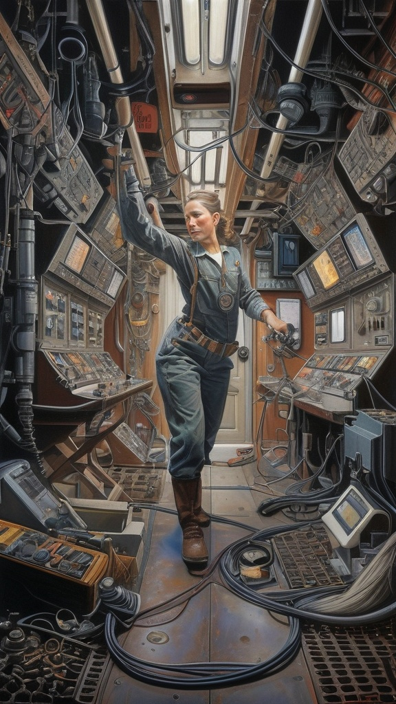 Prompt: In this awe-inspiring, meticulously detailed hyperrealist painting by Tomelee, the artist masterfully blends the styles of Norman Rockwell, Gustave Courbet, Steve Hanks, Moebius, Boris Vallejo, Jen Christiansen, N.C. Wyeth, and Frank Frazetta. The painting depicts a powerful female technician, seamlessly fusing human form and futuristic technology, within the confined spaces of an industrial space station control room. The cramped workshop is filled with tangled machinery, glowing screens, cables snaking across the floor, and numerous control panels. The room is illuminated by a blinding overhead light, casting sharp highlights and long shadows that emphasize the gritty, worn nature of the space and its occupant. The woman stands at the heart of the scene, her form commanding and powerful. Clad in