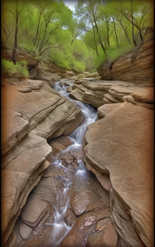 Prompt: highly detailed, UHD, HDR, 128K, color pencil, in the style of Norman Rockwell and Steve Hanks, with very fine grain style. a shallow and wide and rock gully with cracked stone and rock pebbles. A beautiful woman in white flowing robes stands on the edge of the rock ledge and the wind is blowing. There are ledges of rock overhanging over the edges of the gully and it is trimmed with mostly dry but an occasionally green brush, grass and tumble weed or other forest fauna including vines. in the middle of the gully there are falls of water still left from the last deluge that reflect the blue sky. a Texas Jackrabbit is brave enough to wander out to test the water. The rest of the scene is an serene scene with lush brush and grass. There is a blue sky with swirling cumulus clouds. There are low hills in the far distance that are faded and blue and some trees can be seen in the distance. There is ponding water that reflects the sky., 3d render, painting, photo, cinematic, poster