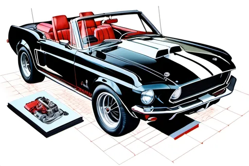 Prompt: use best practices of art and design to create a realistic, negative space, center focus, hyper detailed, crisp focus, sharp focus, UHD, HDR, 128K, a hyper realistic, vibrant color color pencil technical illustration cutaway drawing, on white paper, of an isometric cherry black Shelby 427 convertible  disassembly parts exploded view disassembly, hyper detailed drawing, in the style of Norman Rockwell, Caravaggio, Steve Hanks, and Michael James Smith, using atmospheric perspective, with dramatic lighting, drawing of 
 . The drawing is predominantly adorned with rich vibrant colors, with a striking accent color, BD8B0E, adding an electrifying touch.  add negative space around object. white space. color pencil drawing


a technical illustration cutaway drawing of a black Shelby 427 convertible disassembly parts exploded view disassembly