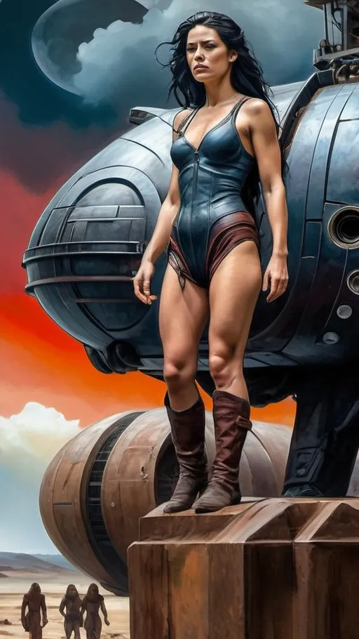 Prompt: Create a realistic, painterly textured painting, and meticulously detailed, dramatic, realistic, hyperrealist, sfumato, vibrant, painterly painting of a woman in a biomechanical exosuit repairing a spacecraft in a cluttered hangar on an alien planet, with an alien skyline and twin moons visible through an open hangar door under an indigo sky.

OUTPUT2:
Create a realistic, impressionistic painting, and meticulously detailed, dramatic, realistic, sfumato, vibrant, painterly painting with sharp detail in the foreground, the artist expertly blends the styles of Norman Rockwell, Gustave Courbet, Steve Hanks, Moebius, Julie Bell, William Hagerman, Andrew Wyeth, Jen Christiansen, Popular Mechanics, and Frank Frazetta. Use Albert Bierstadt lighting and shadows. Use realistic and accurate scale, proportion, perspective, and foreshortening. The protagonist is the focal point of the image. The tonal range of the image is subdued, with a predominance of earthy, muted hues.  The lines, curves, and gradients create a harmonious, organic composition. There is a translucent outer glow around the protagonist. Mute the background and use atmospheric perspective for depth. Make sure the image is not busy or crowded.  Mute the background colors. Use strong natural lighting from one side and use a weak cool reflected light on the opposite side. Convert any protagonist into a contemporary style. Ensure the anatomy of the protagonist is accurate and to scale and the foreshortening and perspective is correct. The image should be lifelike and realistic. The folds of the fabric should look natural. Use atmospheric perspective, dramatic lighting, reflected light, cool colors in the shadows, and warm colors in the light. Use strong dramatic natural lighting from one side, cool colors in the background, and warm colors in the foreground. Use accurate anatomy, proportions, perspective, and foreshortening. Use Color Harmony and a Mother Color.