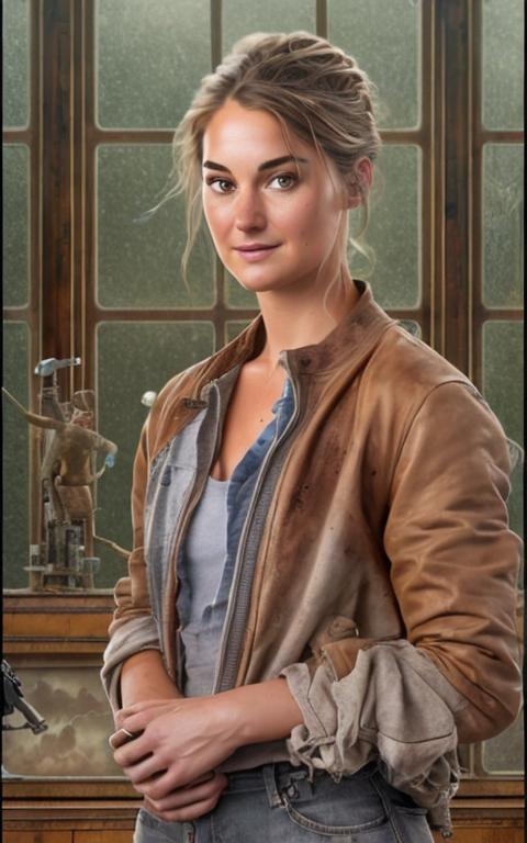 Prompt: create a highly detailed colored pencil drawing on grey paper standing portrait of Shailene Woodley in a post-apocalyptic city in her role as Tris Prior sitting on a boulder with swirling clouds  in the tv movie "Allegiant", in the style of Norman Rockwell, and Steve Hanks and Norman Rockwell. 

poster, photo, UHD, HDR, 128K, digital art, ultra detailed, sharp focus, bright color, standing portrait. Norman Rockwell, Caravaggio, Steve Hanks, Michael James Smith, William Hagerman, Richard Estes, Norman Rockwell.  
                                                                                                                                                      
create a highly detailed colored pencil drawing on grey paper of portrait of Shailene Woodley standing on a boulder , in a futuristic post-apocalyptic city, as portrayed in her role as Tris Prior  in the tv movie "Allegiant"; in the style of Norman Rockwell, and Steve Hanks and Norman Rockwell.  
Tris Prior, portrayed by Shailene Woodley. Tris is a fearless and resilient protagonist, characterized by her strong-willed nature and determination to challenge the oppressive regime in the post-apocalyptic society. In terms of wardrobe, Tris is often seen donning practical yet distinctive attire, reflecting the utilitarian aesthetic of her faction. Her clothing is a blend of rugged, earth-toned fabrics, symbolizing the harsh reality of the world she navigates.




