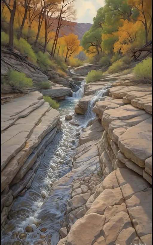 Prompt: highly detailed, UHD, HDR, 128K, color pencil, in the style of Norman Rockwell and Steve Hanks, with very fine grain style. a shallow and wide and rock gully with cracked stone and rock pebbles. A beautiful woman in white flowing robes stands on the edge of the rock ledge and the wind is blowing. There are ledges of rock overhanging over the edges of the gully and it is trimmed with mostly dry but an occasionally green brush, grass and tumble weed or other forest fauna including vines. in the middle of the gully there are falls of water still left from the last deluge that reflect the blue sky. a Texas Jackrabbit is brave enough to wander out to test the water. The rest of the scene is an serene scene with lush brush and grass. There is a blue sky with swirling cumulus clouds. There are low hills in the far distance that are faded and blue and some trees can be seen in the distance. There is ponding water that reflects the sky., 3d render, painting, photo, cinematic, poster