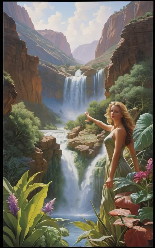 Prompt: in the style of Dalhart Windberg, Jean Baptiste, and Steve Hanks create a highly detailed painting of an otherworldly rainy landscape with green plants and cascading waterfalls. winged women are visible flying around above the water, an awe-inspiring masterpiece revealing a multifaceted tapestry that seamlessly fuses the fantastical and the futuristic. The canvas, an expansive testament to artistic virtuosity, stretches far beyond the viewer's grasp, capturing the infinite wonders of a distant celestial realm. The sky, a captivating celestial dome, pulses with dynamic gradients of color, transitioning from the deepest purples to shimmering iridescent blues, creating an atmospheric kaleidoscope that defies earthly expectations. As the eye delves into the intricacies of this lush alien world, the landscape reveals itself in layers of profound complexity. Atmospheric perspective, a skillful technique employed with precision, imparts a sense of vastness by gently shrouding distant formations in a subtle haze, conjuring an enigmatic allure that beckons exploration. In the foreground, an explosion of vibrant hues unveils an array of alien flora and fauna, each intricately detailed petal and tendril pulsating with an otherworldly energy. The meticulous application of color, reminiscent of the finest brushstrokes, grants life to this vibrant ecosystem, where every shade and tone harmonizes in a mesmerizing dance of color. The orchestration of the golden rectangle theory masterfully guides the arrangement of these vivid elements, weaving a visual symphony that invites the viewer on a journey through the composition. Dramatic lighting, reminiscent of celestial phenomena, bathes the scene in a dynamic radiance. Long shadows stretch across the jagged peaks and valleys, enhancing the three-dimensional quality of the landscape and infusing the environment with a sense of dynamism. The interplay between positive and negative space is an intricate ballet, where empty expanses seamlessly guide the viewer's gaze through the scene.