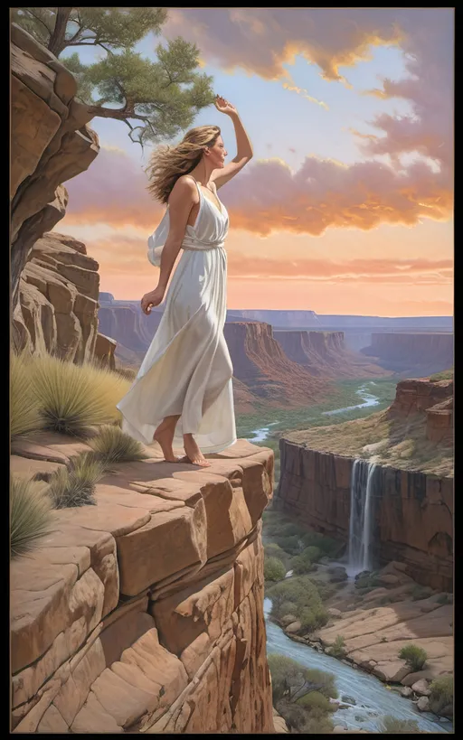 Prompt: highly detailed, UHD, HDR, 128K, color pencil, in the style of Norman Rockwell and Steve Hanks, with very fine grain style. a shallow and wide and rock gully with cracked stone and rock pebbles. A beautiful woman in white flowing robes stands on the edge of the rock ledge and the wind is blowing. There are ledges of rock overhanging over the edges of the gully and it is trimmed with mostly dry but an occasionally green brush, grass and tumble weed or other forest fauna including vines. in the middle of the gully there are falls of water still left from the last deluge that reflect the blue sky. a Texas Jackrabbit is brave enough to wander out to test the water. The rest of the scene is an serene scene with lush brush and grass. There is a blue sky with swirling cumulus clouds. There are low hills in the far distance that are faded and blue and some trees can be seen in the distance. There is ponding water that reflects the sky., 3d render, painting, photo, cinematic, poster