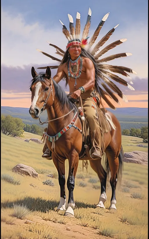 Prompt: create a realistic, hyper detailed, color pencil drawing, hyper detailed, UHD, HDR, 128K, In the heart of a picturesque landscape drawing in the style of Norman Rockwell, Steve Hanks, and Michael James Smith, dramatic natural lighting, portrait of a The Sioux Indian on a galloping horse counting coup is a traditional Native American ceremonial hunt that holds cultural significance among the Sioux people. In this dance, participants often wear elaborate traditional regalia, adorned with feathers, beads, and other symbolic elements.

Imagine a Sioux Indian dog dancer on a galloping horse, dressed in vibrant and meticulously crafted attire, consisting of fringed clothing, a headdress adorned with feathers, and intricate beadwork reflecting the cultural heritage of the Sioux tribe. The dancer moves with purpose and grace, embodying the spirit of the dog dance.