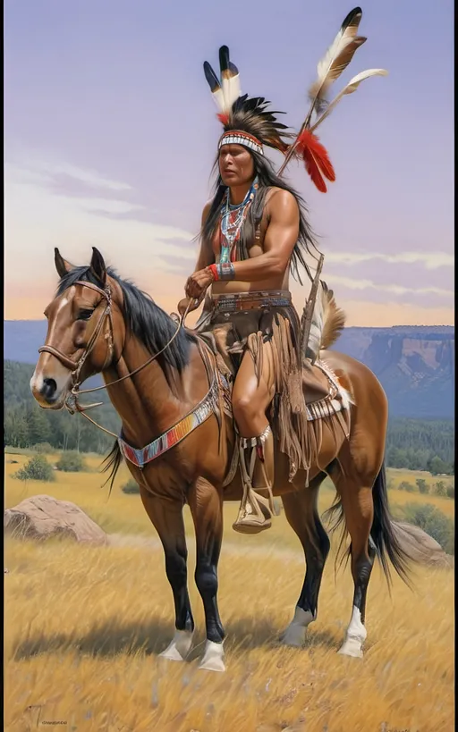 Prompt: create a realistic, hyper detailed, color pencil drawing, hyper detailed, UHD, HDR, 128K, In the heart of a picturesque landscape drawing in the style of Norman Rockwell, Steve Hanks, and Michael James Smith, dramatic natural lighting, portrait of a The Sioux Indian on a galloping horse counting coup is a traditional Native American ceremonial hunt that holds cultural significance among the Sioux people. In this dance, participants often wear elaborate traditional regalia, adorned with feathers, beads, and other symbolic elements.

Imagine a Sioux Indian dog dancer on a galloping horse, dressed in vibrant and meticulously crafted attire, consisting of fringed clothing, a headdress adorned with feathers, and intricate beadwork reflecting the cultural heritage of the Sioux tribe. The dancer moves with purpose and grace, embodying the spirit of the dog dance.