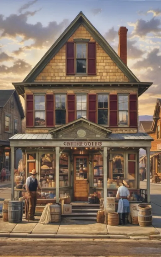 Prompt: create a realistic, hyper detailed, color pencil drawing, hyper detailed, UHD, HDR, 128K, In the heart of a picturesque landscape drawing in the style of Norman Rockwell, Steve Hanks, and Michael James Smith, dramatic natural lighting, façade door and front window with reflection of western dry goods store in 1880 zoomed into window with "Dry Goods" painted on window with reflection; view of the window and door front view portrait of the façade of a dry goods store. The 1880s dry goods store presents a nostalgic glimpse into the past, frozen in a frame of time. The weathered façade of the establishment, constructed from aged wood, bears the marks of countless seasons and stories. As you zoom in, your eyes are drawn to the front window, a portal to the world within. The window, adorned with the bold proclamation "Dry Goods" in a rustic western font, is a canvas that captures the essence of the era. Half of the glass surface is dappled with a glaring reflection, mirroring the surroundings of the bustling street. Buildings, clouds, and the expansive sky blend into a mosaic of distorted imagery, adding an atmospheric touch to the scene. On the unblemished half of the window, the interior of the store comes to life. A curated display of dry goods, neatly arranged on shelves, is visible to those passing by. Bolts of fabric, hats, and various items that cater to the needs of the townsfolk create a visual feast behind the clear glass.